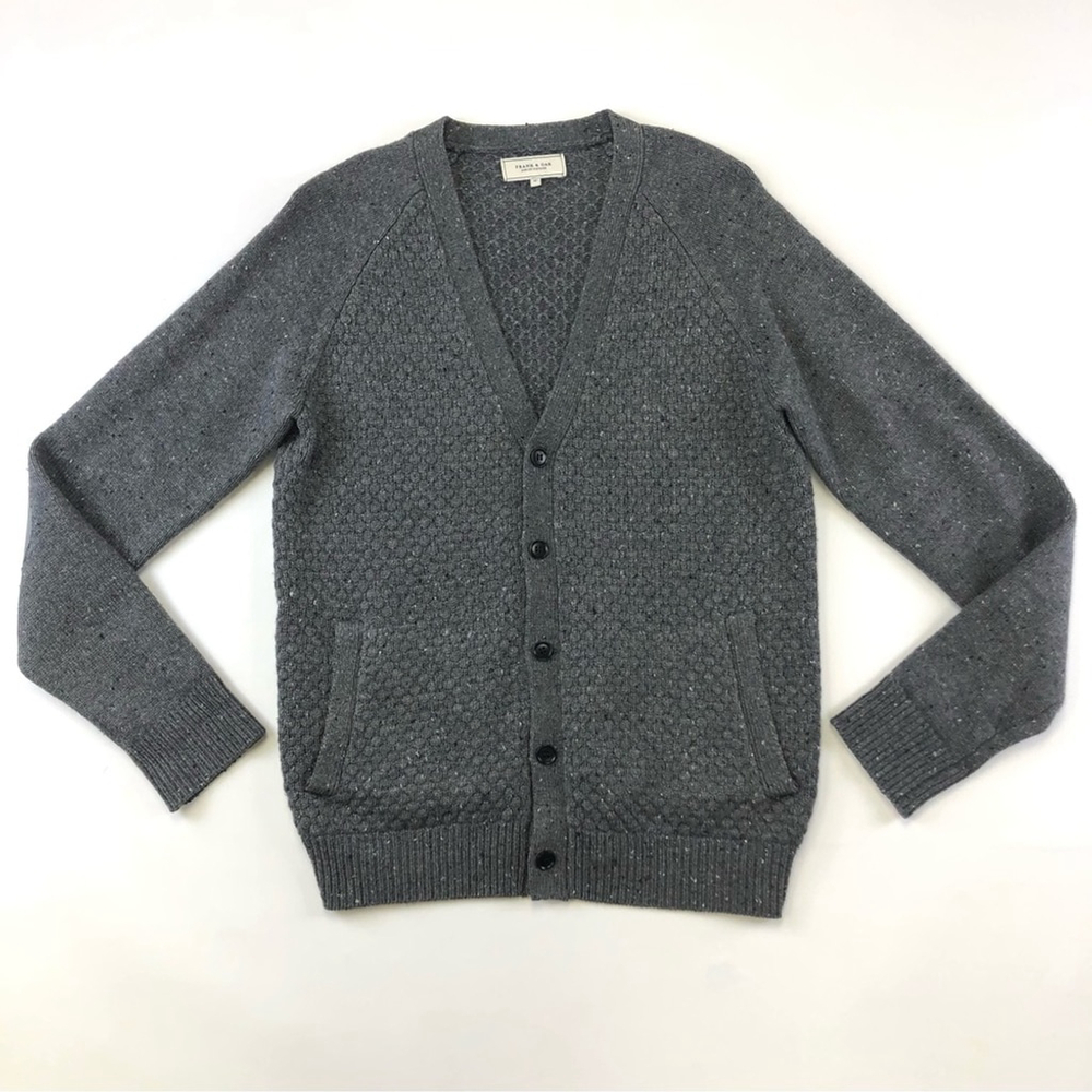 Frank & Oak charcoal fleck button down wool acrylic cardigan Med elbow patches